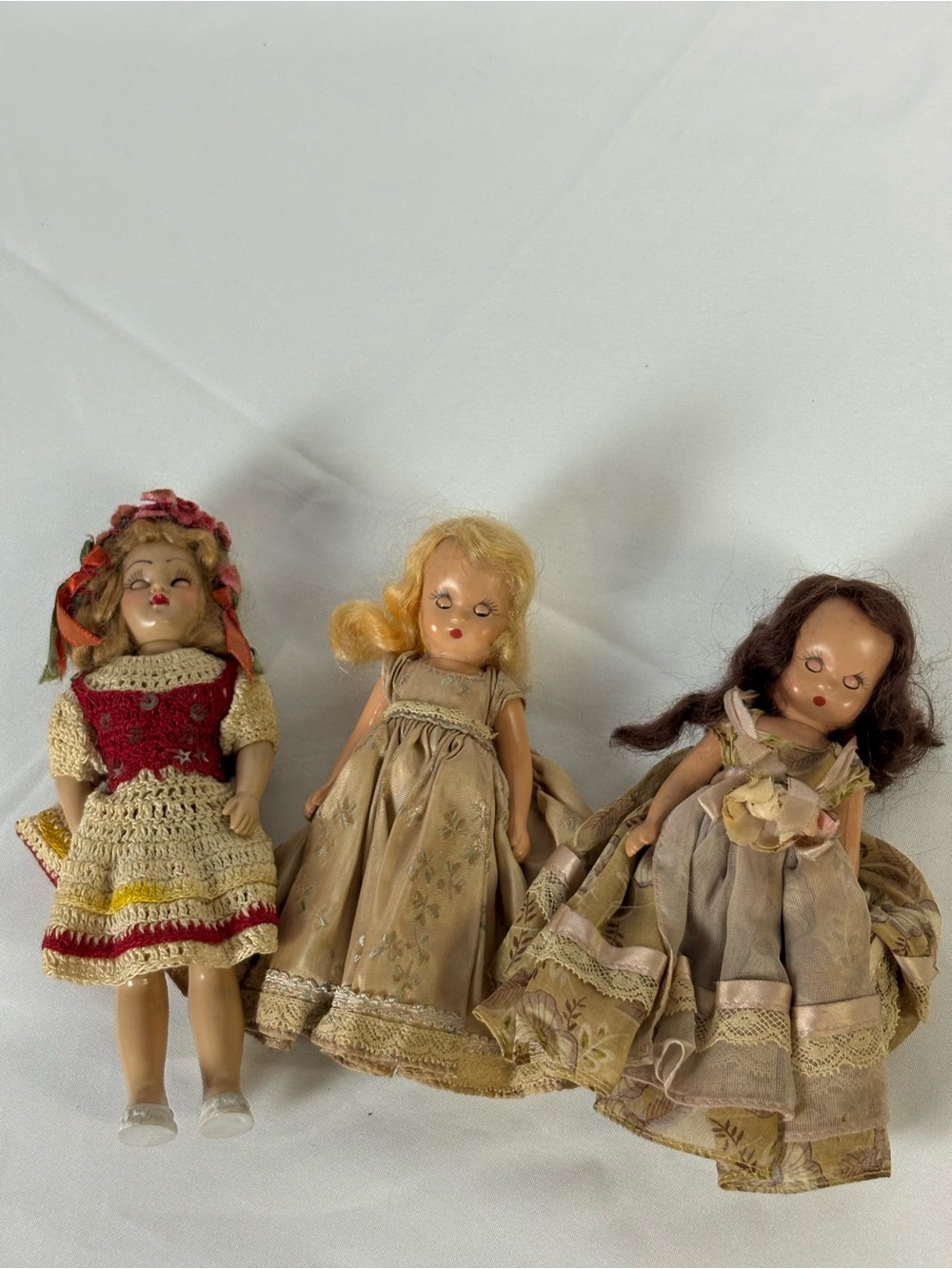 Set of Three Vintage Nancy Ann Storybook Dolls in Beige, Cream and Red Outfits